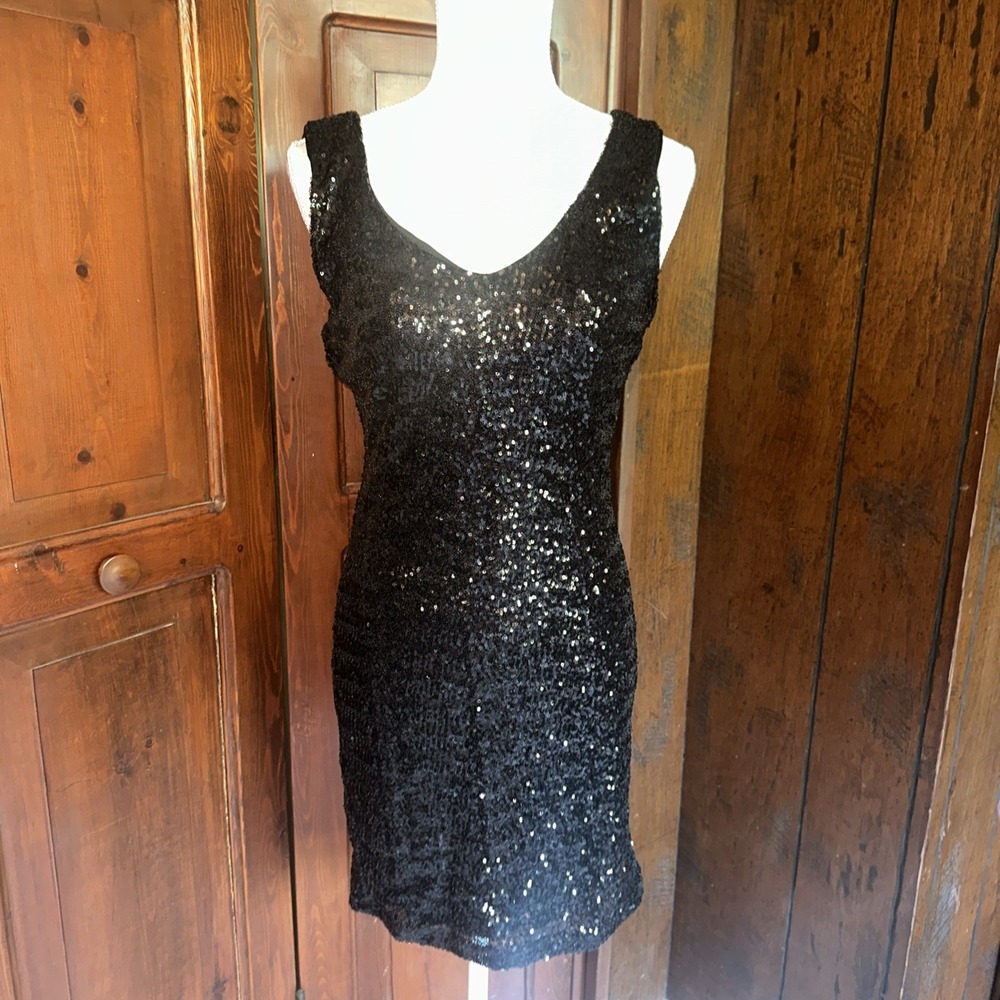 Womens Midnight Doll Mini‎ Sequin Shift Dress   Lined Black Medium- Cocktail
